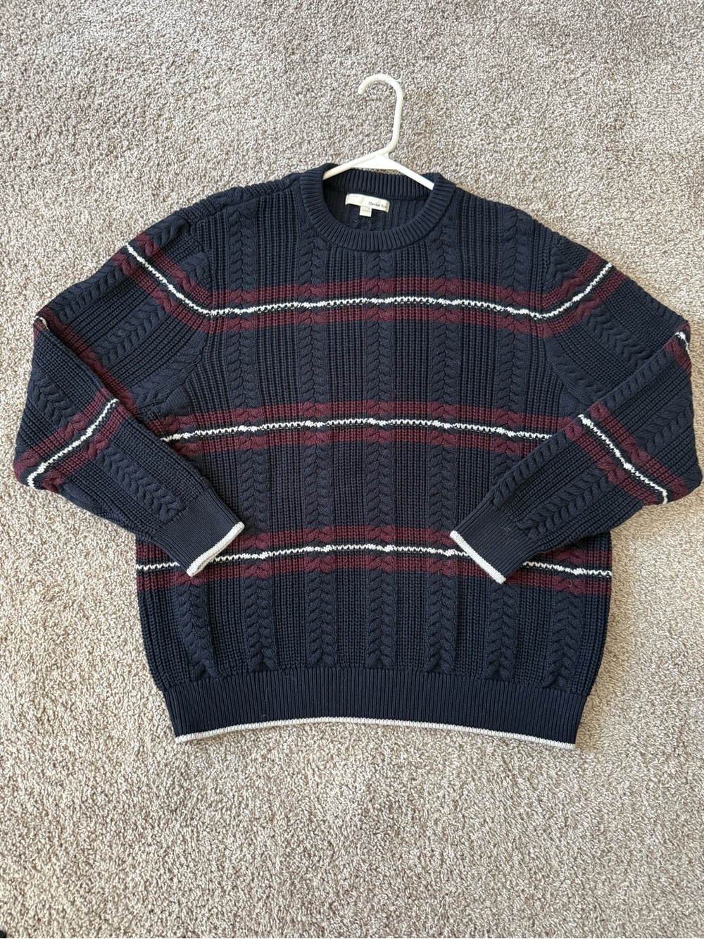 Men's Navy Crewneck Cable Knit Sweater with Burgundy and White Stripes